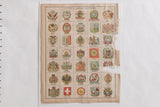Vintage 1907 Cram's map page of national arms, showing aged paper and torn edges.