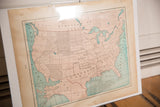 Cram's 1907 Map of USA, muted pink land, blue water, subtle patina, 11.5x14.5 inches.