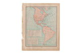 Cram's 1907 Map of Americas, muted green and orange continents on aged paper. 11.5x14.5 inches.