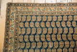 Finely woven dark navy and rust staggered boteh pattern with intricate antique ivory border.