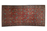 Vintage Hamadan runner: raspberry red field, serrated leaves, Herati-like motifs, sky blue, blush, Mir Serbend border. 3'2