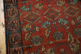 Vintage Hamadan runner: Mir Serbend border and Herati motif field in raspberry, blues, and ivory.