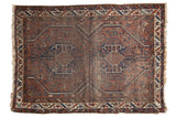 Hand-knotted vintage Shiraz rug, double medallions in madder red, indigo blue, and antique ivory, 3'9