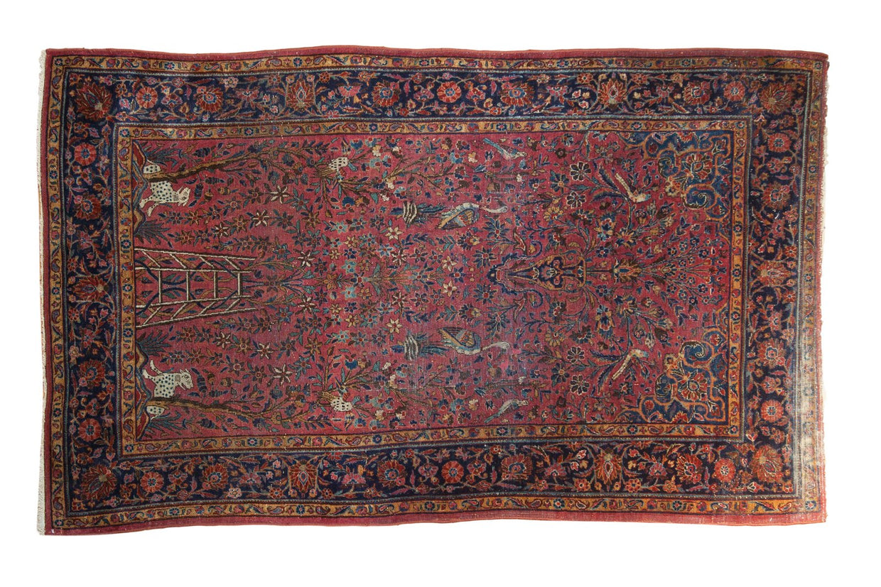 Antique Kashan rug, tree of life, leopards, peacocks, birds, dark raspberry red, indigo.