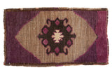 Distressed vintage Oushak mat, bold asymmetric village weave in aubergine, charcoal, oxidized silver.