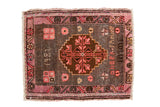 Distressed Turkish Oushak square rug mat, simplistic village weave with charcoal, fuchsia, and aged orange.