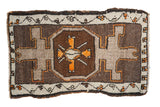 Vintage Oushak rug mat features charcoal, silver, and tangerine asymmetric village weave. 1'9