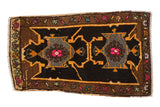 Vintage Oushak rug mat: asymmetric village weave; charcoal, silver, tangerine, fuchsia, 1'10