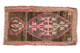 Distressed Oushak rug mat, hot pink, charcoal, bronze, ivory patterns, 1'6