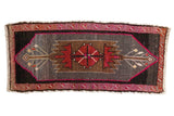 Vintage Distressed Oushak rug, central medallion, plant finials, fuchsia, gray, brown.
