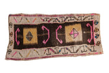 Vintage Distressed Oushak rug mat runner with bold hot pink and gold asymmetric medallion squares.