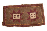 Distressed vintage Oushak runner, aubergine double starbursts on a speckled coffee field.