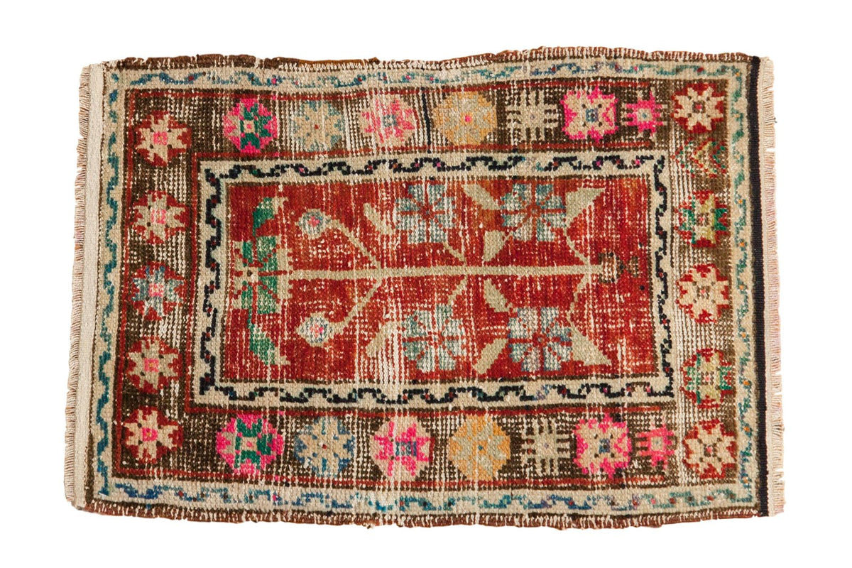 Distressed vintage Oushak mat with a cherry red tree of life design and a colorful pomegranate border.