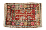 Distressed vintage Oushak mat with a cherry red tree of life design and a colorful pomegranate border.