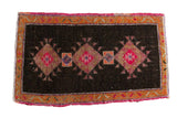 Vintage Distressed Oushak rug with hot pink and mauve diamond medallions on dark brown, rust border, 1'7