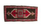 Distressed vintage Oushak runner, central red plant medallion, oxidized silver tones, 1'6