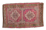 Distressed Oushak rug, hot pink geometric double medallions, muted field, 1'6