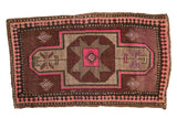 Distressed Oushak rug with stylized pomegranate medallion, chocolate, mauve, dusty rose tones, 1'11