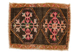 Distressed Oushak rug, pink and orange medallions on chocolate brown, 1'8