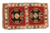 Vintage Oushak rug mat, cherry red and navy black compartmentalized medallions, geometric borders.