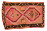 Vintage Distressed Oushak rug mat, double diamond medallion, grapefruit red, black, and bright pink.