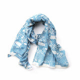Artisan handmade scarf 'Rain' in sky blue with white cloud and rain block print pattern, embroidered edge.