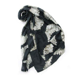 Draped 'Sunset' scarf, hand block printed with abstract beige and charcoal pattern.