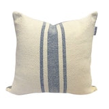 Hand-woven Loomination throw pillow, royal blue vintage stripes on cream.