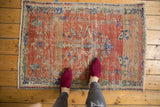 Distressed Oushak rug with even wear, faded red, blue, and ivory botanicals.