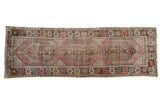 Vintage Distressed Oushak runner, single column medallions faded pale grape, ivory, silver, 3x9.