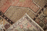 Vintage Distressed Oushak rug, folded corner with hard wear to foundation, dusty apricot, ivory, silver tones.