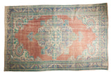 Distressed Turkish Oushak rug, brick red field, scalloped medallion, blue, mint borders. 7'11