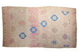 Vintage distressed Jijim carpet with geometric trellis, flowers in ivory, sky blue, blush, 5'2