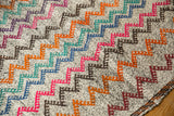 Vibrant multi-color zigzag pattern with hand-woven texture, showing finished edge of Jijim carpet.