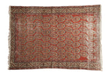 Vintage Hamadan rug, allover boteh, meandering vine border, brick red, ivory, blue, visible wear.