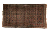 Vintage Persian Belouch runner, faded multi-panel pomegranate design in chocolate, blush, charcoal.
