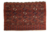 Vintage Chodor Turkmen rug, allover gul design in chestnut brown, navy, ivory.