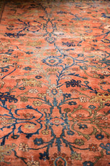 Blush dusty rose Lilihan carpet showing intricate navy blue vinery, palmettes, and lotus flowers.