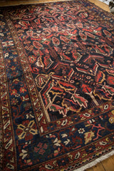 Baktiari rug corner detail: dark navy border framing cherry red and ivory serrated leaves.