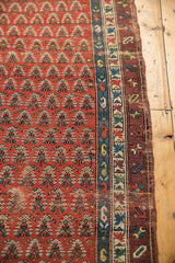 Madder root red field with allover boteh design, multi-color borders, and localized foundation wear.