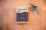 Ardabil Rug Coaster, classic geometric pattern in subtle blues, purples, ivory, 3.5x4.25 inches.