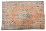 Vintage Distressed Oushak carpet, center medallion, Rococo vinery, apricot orange, ivory, pale blue, mint, 6'1