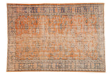 Distressed vintage Oushak carpet, apricot, blue, ivory floral, vinery, palmettes, 6'5