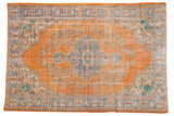 Distressed vintage Oushak carpet with faded tangerine orange, royal blue medallion, floral vinery.