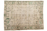 Distressed vintage Oushak carpet, allover green floral tendrils on beige, 5'11