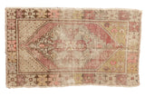 Distressed vintage Oushak rug, faded aubergine diamond medallion, beige field with budded plants, 2'5