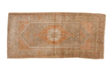 Vintage Distressed Oushak runner, peach apricot scalloped medallion, grey silver field, 3'3