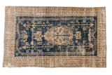 Distressed vintage Oushak carpet, bold tree of life medallion in ivory and navy blue.