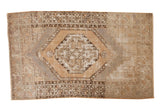 Vintage Distressed Oushak rug, hand-knotted, with faded apricot beige medallion and silver slate hues.