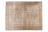 Vintage Distressed Oushak carpet, worn texture, antique ivory field, pale rust, denim blue.